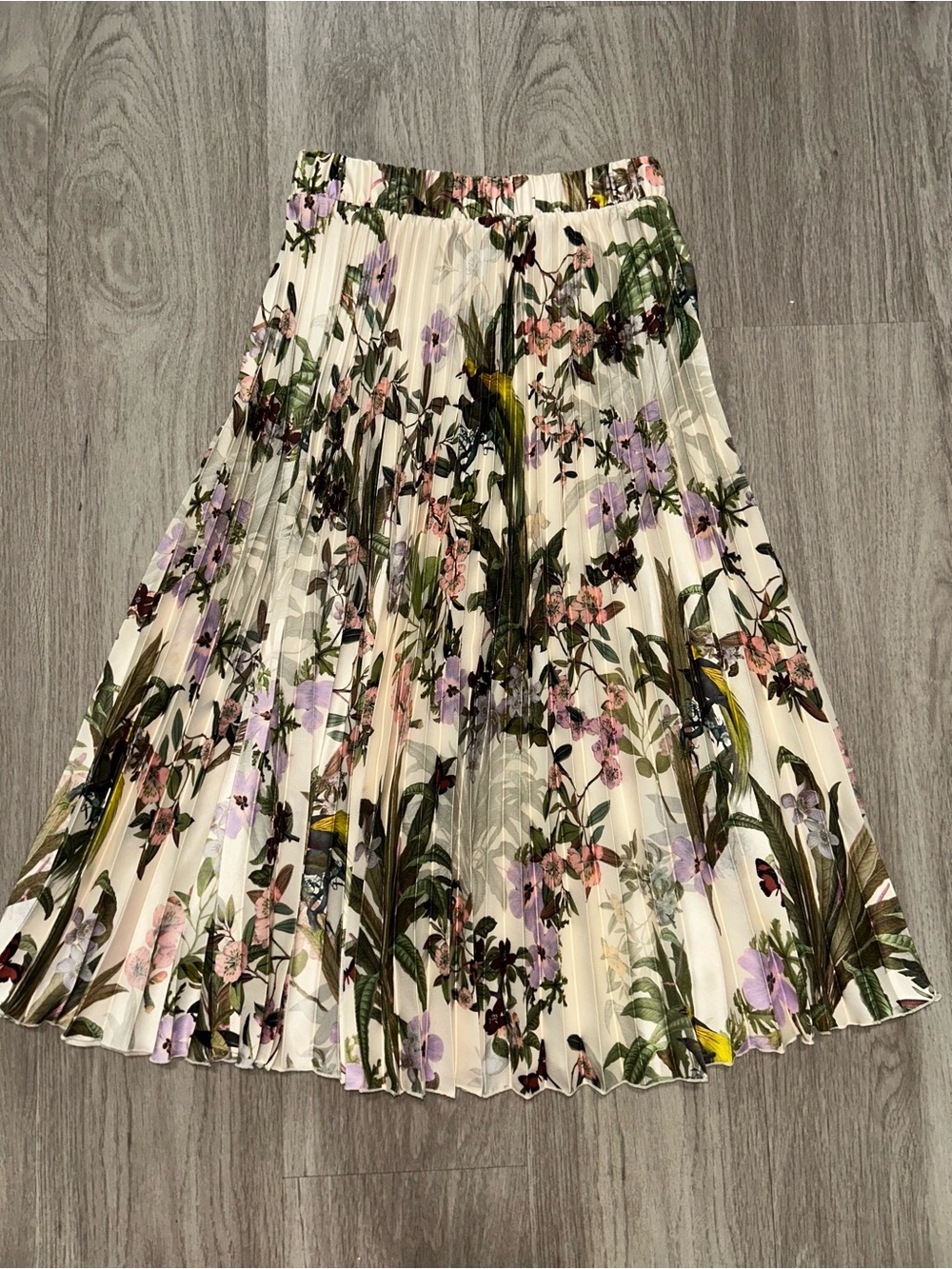 Women’s floral botanical cream print pleated A-Line Midi Skirt size XS NWOT